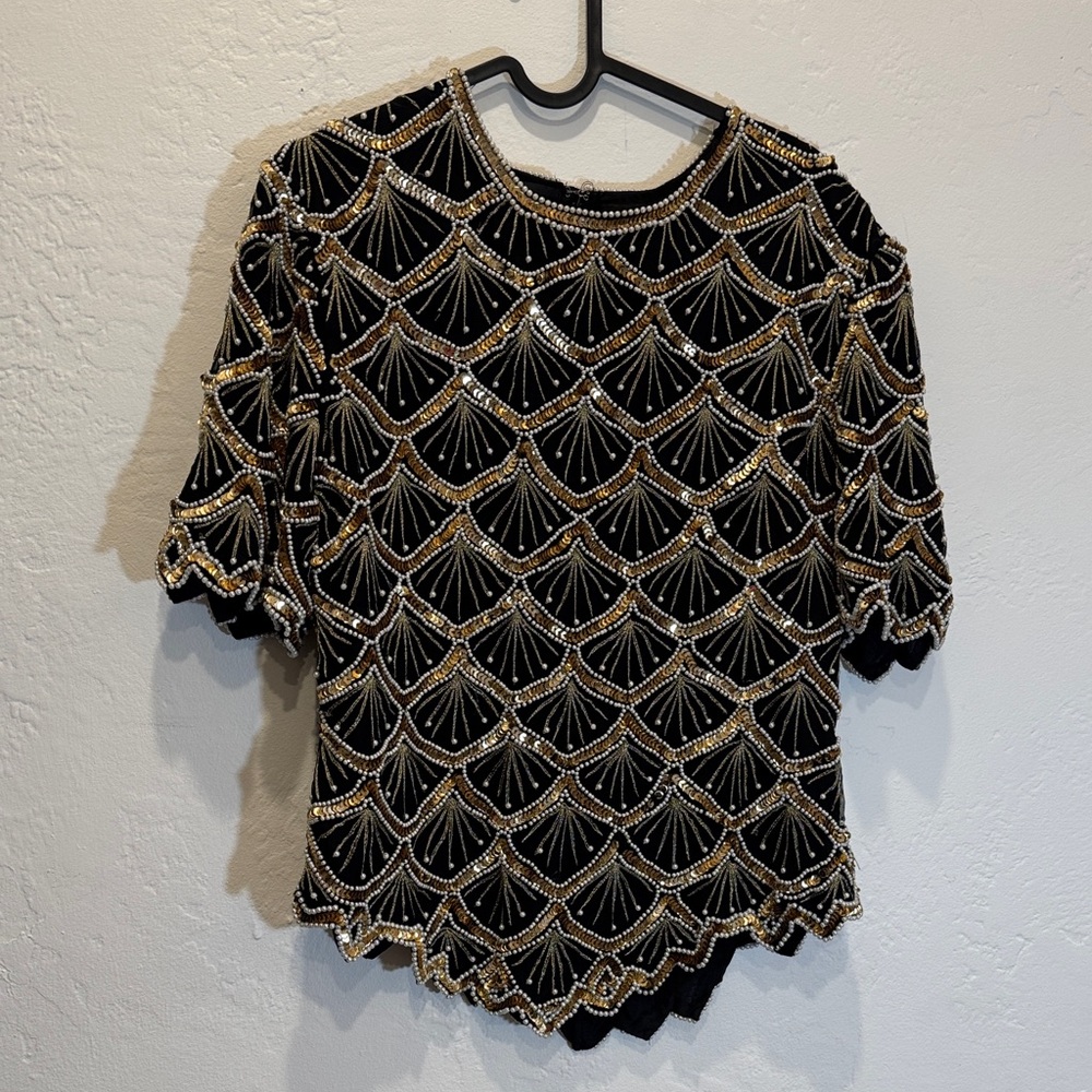 Vintage Silk Top with Pearls and Sequina